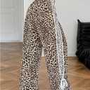 Verdusa Women's Loose Wide Leg Pants Tie Side Striped Elastic Waist Trousers (Brown Leopard)