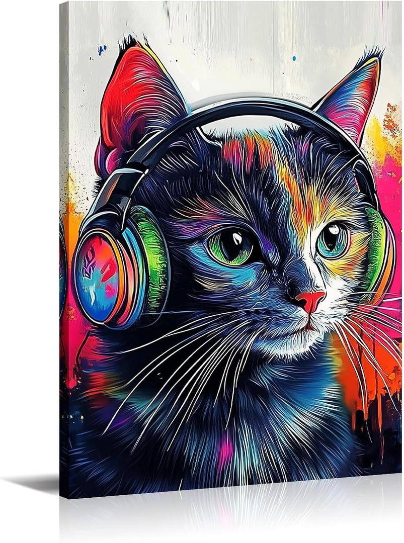 Cat Canvas Wall Art Graffiti Wall Decor Framed Funny Cat Listen to Music Picture Pet Painting Modern Pop Prints for Living Room Home Office Ready to Hang - 16.00"x24.00"