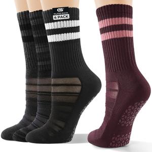 2 x CS CELERSPORT Pilates Socks for Women, 4 Pairs Yoga Crew Non Slip Grip Socks for Barre Hospital Gym (S)