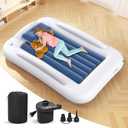 Inflatable Toddler Travel Bed - 60 Inches Portable Toddler Bed for Travel with Safety Sides - Cozy Kids Air Mattress Set with Built-in Electric Pump & Carry Case- Easy to Inflate - Sea Blue