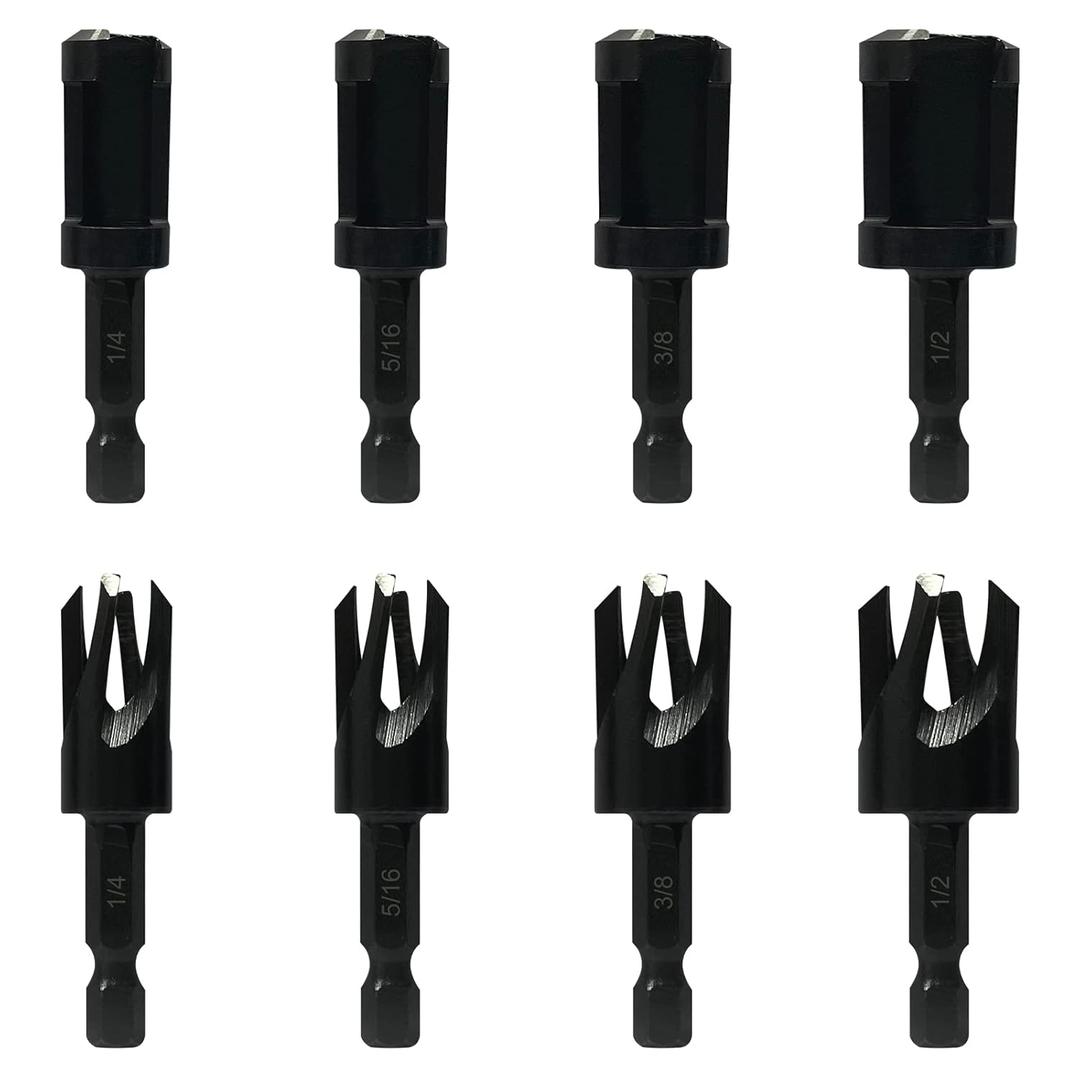 Wood Plug Cutters, 4 pcs Straight Wood Plug Cutters & 4 pcs Tapered Plug Cutters Set with 1/4 Hex Shank, Taper Cutting Tool Knifes in 4 Sizes 1/4", 5/16", 3/8", and 1/2" Black