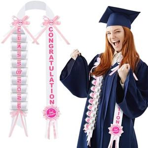 Lyrow Pink and White Graduation Money Lei Class of 2026 Ribbon Money Lei Graduation Cash Gift for Congrats Graduates Grad Leis with Cash Holder for Senior High School Party Supplies (Classic)