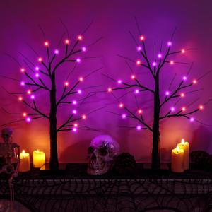 Halloween Decorations Indoor - 2 Pack 24 Inch Halloween Spooky Tree with Lights, Light Up Tabletop Black Tree Decor for Home Party