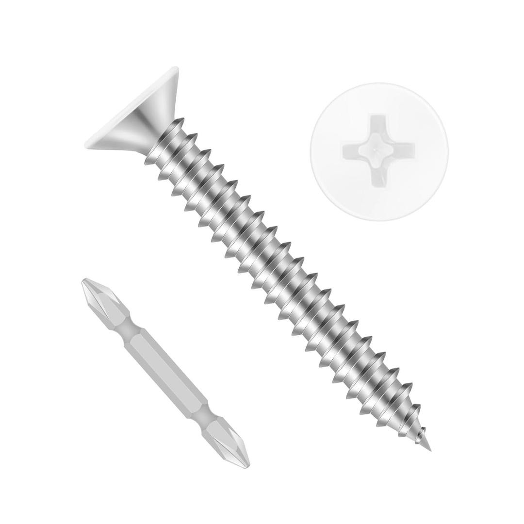 #8 x 2 Flat Head Self Tapping Screws, White Head Wood Screw, 304 Stainless Steel 18-8, Screwdriver Bit Included, 100 PCS
