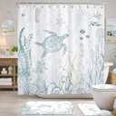 4 Pcs Sea Turtle Shower Curtain Set, Blue Ocean Beach Theme Bathroom Decor, Coastal Marine Life Coral Starfish Seashell Watercolor Shower Curtain with Rugs Toilet Lid Cover Bath Mat, 72x72 Inches
