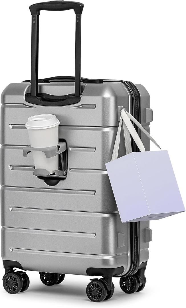 KYME Carry On Luggage 22x14x9 Airline Approved Hardshell Carry On Suitcases with Wheels Travel Rolling 20 Inch Luggage with Cup Holder for Women Men,Carry-on Silver Grey, Carry-On 20-Inchnon-expandable