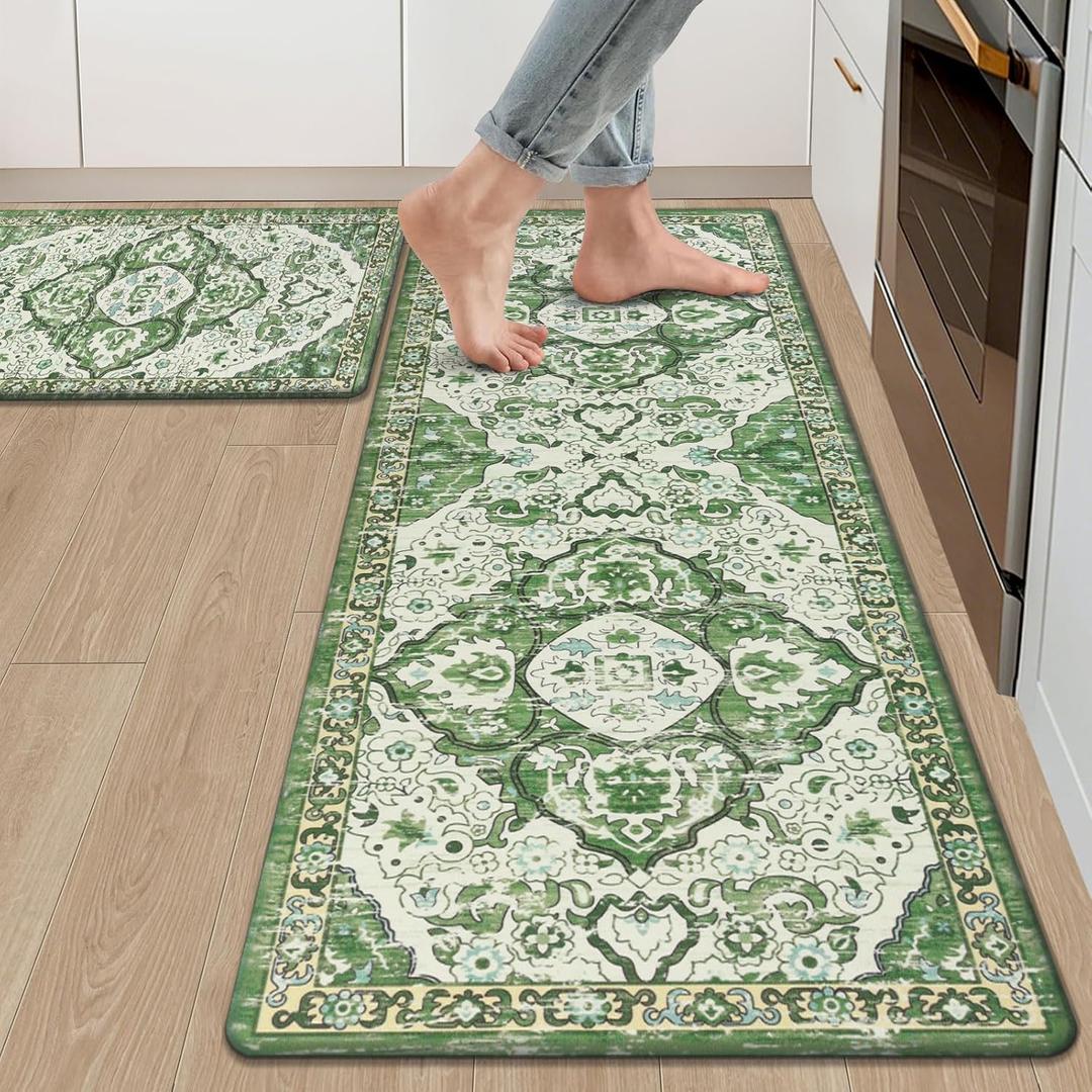 Ileading Anti Fatigue Kitchen Rugs Sets of 2 Cushioned Kitchen Mats for Floor Waterproof Kitchen Mat Set Non Slip Comfort Standing Mat for Kitchen, Office, Sink, Laundry (17"x47"+17"x28", Green)