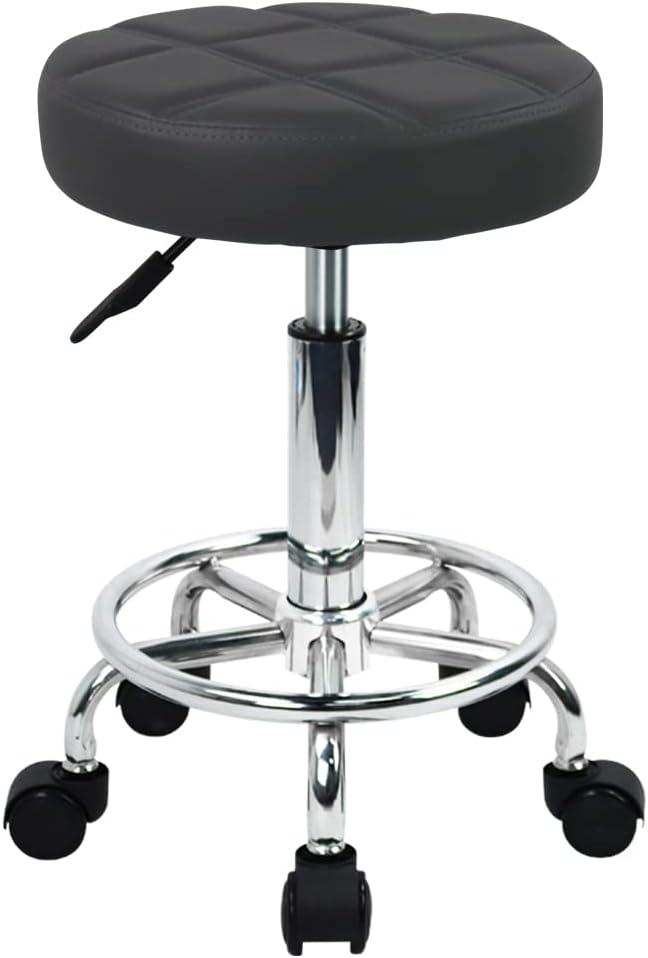WKWKER Round Rolling Stool with Footrest PU Leather Height Adjustable 360 Swivel Stool with Wheels Office Chair Home Drafting Work Studio Shop SPA Salon Small (Grey)