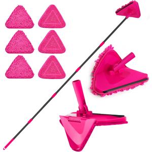 JEHONN Wall Mop with Long Handle 80 inches, Upgraded 180 Collapsible Baseboard Cleaner Tool with Squeegee, Ceiling Duster with 3 Microfiber and 3 Chenille Pads for Cleaning Window, Cabinet (Rose Red)