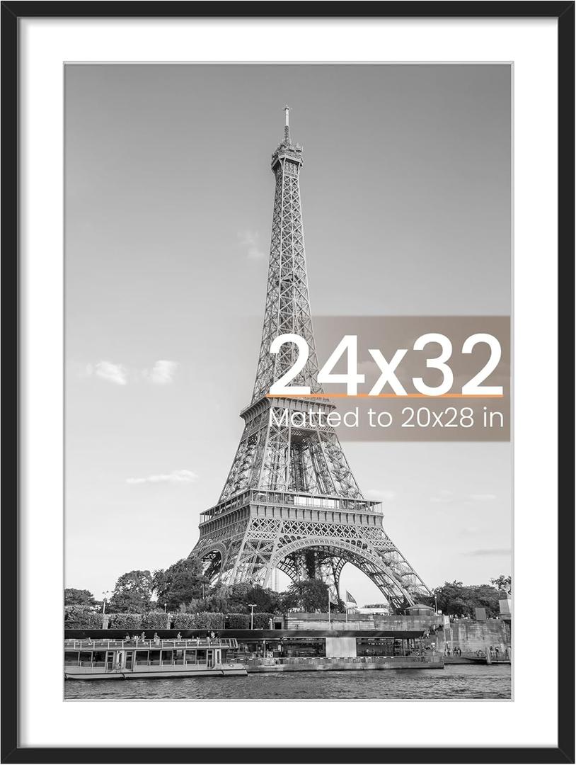 upsimples 24x32 Poster Frame, Display Pictures 20x28 with Mat or 24 x 32 Without, Wall Hanging Picture Frames, Black, 1 Pack
