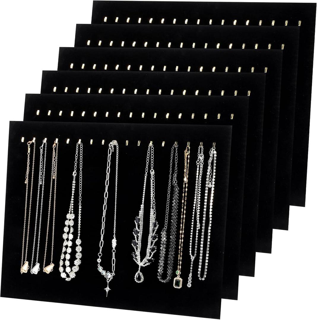 6 Pcs Black Velvet Necklace Display Stands with 17 Hooks, 14.6 x 11.8 Inch Jewelry Display Board for Selling, Boutique Vendors, Pop Up Shop and Chain Storage