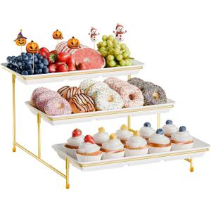3-Tier Melamine Serving Tray Set, 14"x7" Platters for Serving Food, White Reusable Trays with Golden Metal Display Stand for Cupcakes, Sevring Food, Dessert, Fruit, Cookie, 24K Gold-Plated