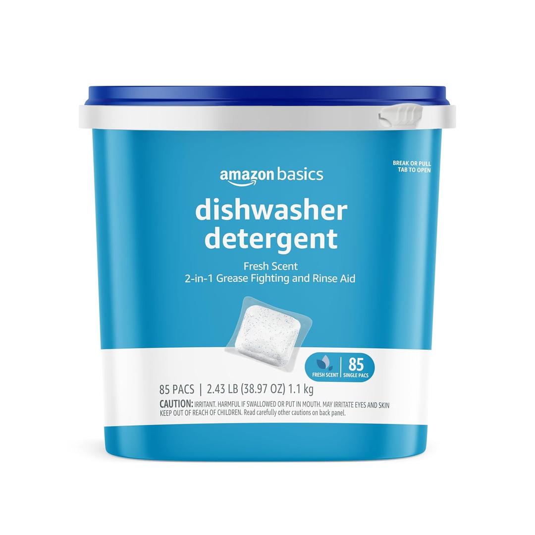 Amazon Basics Dishwasher Detergent Pacs, Fresh Scent, Cuts Grease, Rinses Clean, Removes 24HR Dried-On Stains, 85 Count (Previously Solimo)