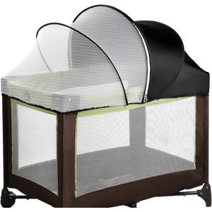 Pack N Play Tent Cover - Half-Blackout Mosquito Net for Crib & Playpen, Baby Bassinet Cover for Cats with 2-Way Zipper, Sun-Blocking Bug Net for Travel Crib (Black-Large)
