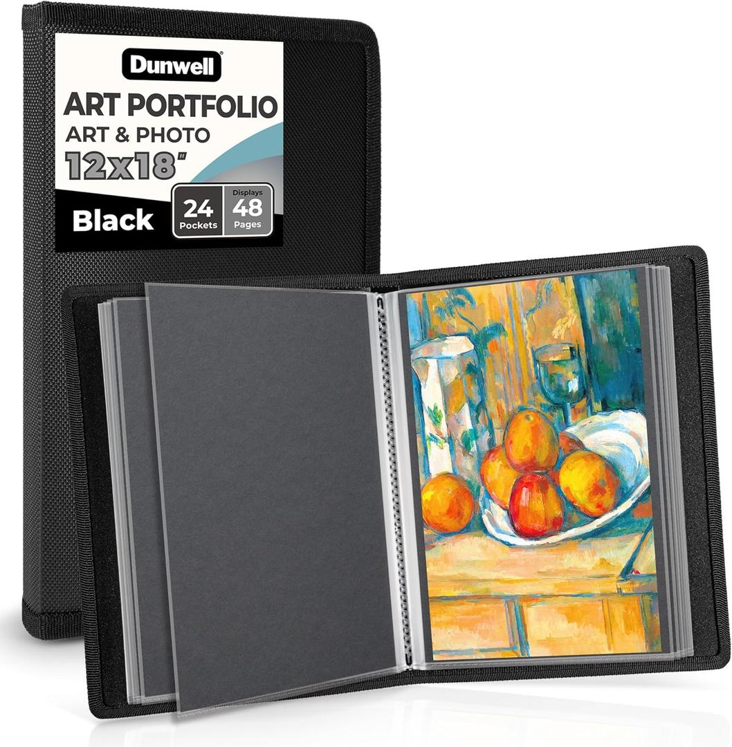 Dunwell 12x18 Art Portfolio Binder with Mounting Paper (Black), Large Portfolio Folder for Artwork Storage, 24 Clear Sleeves Display 48 Pages, 12 x 18 Presentation Book, Acid-Free Poly