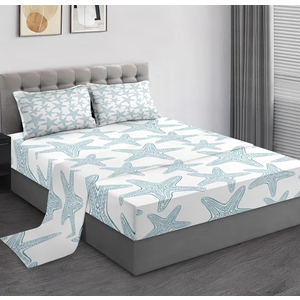 Queen Size Bed Sheet Sets, Starfish Sea Shells Nautical Soft Microfiber 4 Pcs Bedding Sets for Kids and Adults Bedroom Bed Decor, Seashells Ocean Beach Flat, Fitted Sheet and 2 Pillowcases