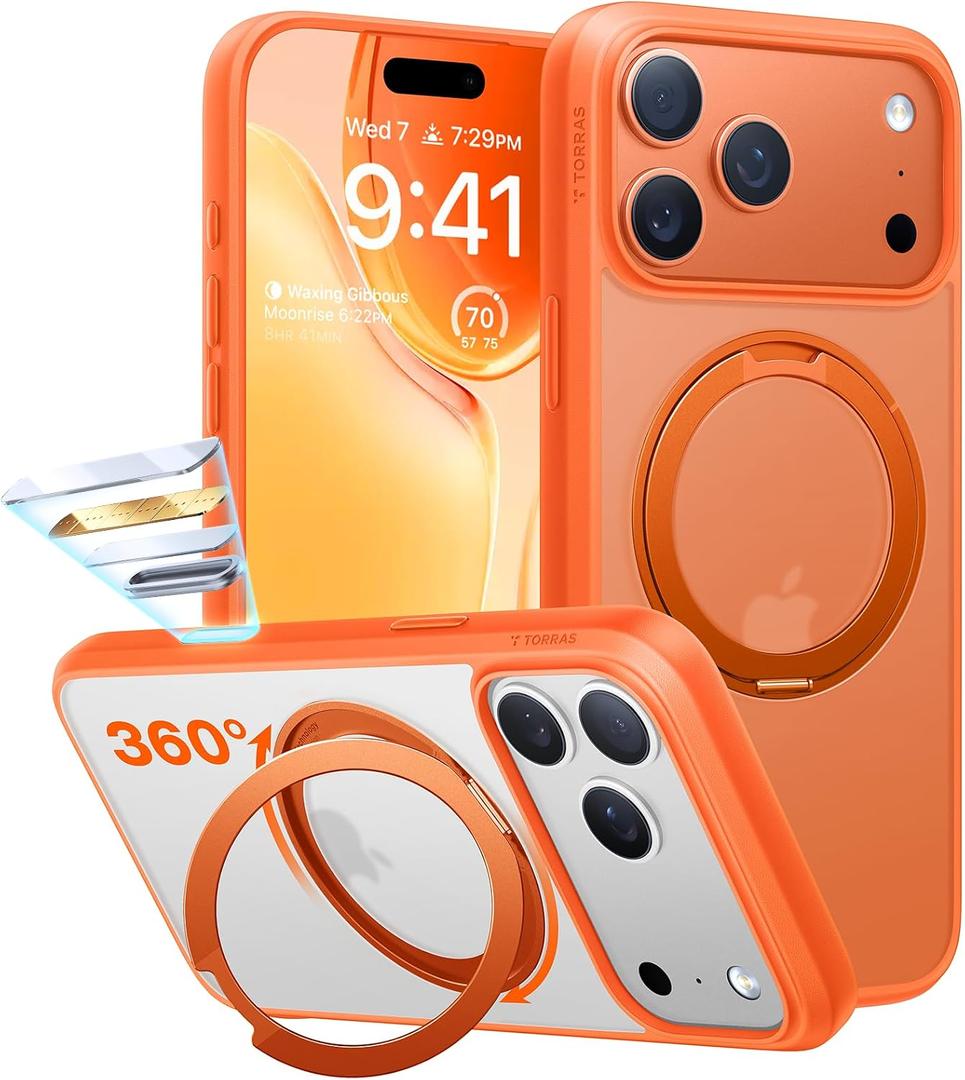 TORRAS Upgrade 360 Magnetic Stand for iPhone 17 PRO Case with Camera Control Button, Fit for MagSafe, Mil-Grade Protection, Slim Soft Edge Translucent Back for iPhone 17Pro 6.3 inch, Orange