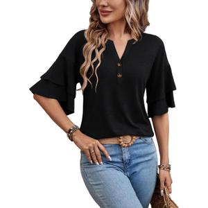 Womens Tops Henley Blouses V Neck Button Down Shirts Casual Outfit Cute Work Tees Spring Fall Summer Fashion Clothes (Large, Black)