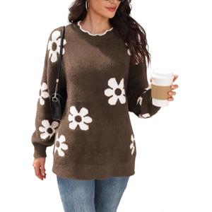 Women's Oversized Fuzzy Sweaters Long Sleeve Crew Neck Knit Soft Pullover Chunky Casual Fall Loose Jumper Top (Brown, S)
