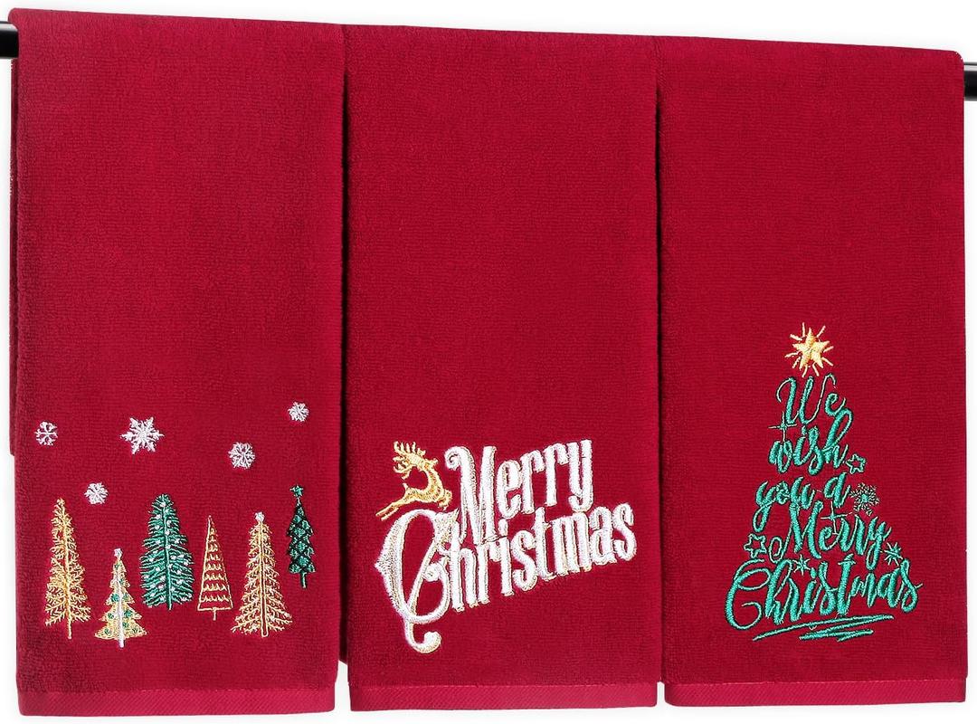 Quera 3 Pack Christmas Hand Towels 100% Cotton Embroidered Red Bathroom Decor Decorative Kitchen Towels Set for Drying, Cleaning, Cooking, Holiday Towels Gift Set,13.7 x 29.5 inches