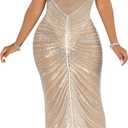 WOKANSE Women Sexy Glitter Rhinestone Spaghetti Strap Bodycon Mesh Sheer Club Party Maxi Dress (Large, 3-apricot)
