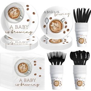 APOWBLS Coffee Baby Shower Decorations Tableware, Coffee Bean Theme A Baby Is Brewing Party Supplies for Birthday, Paper Plates, Cups, Napkins, Disposable Cutlery, Serves 24