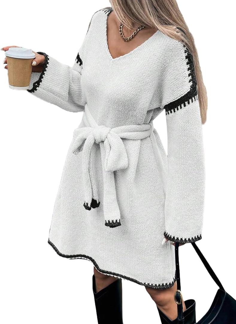 Womens Color Block Sweater Dress with Belt, Rolled Hem, Long Sleeve, V Neck, Knee Length, A Line, Oversized Knit Dress Fall (White) 
Small