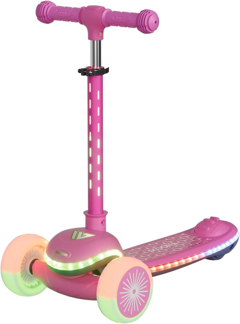 Kids Scooter for Toddlers Ages 2-5, 3 Wheel Scooter with Lean-to-Steer, Adjustable Handlebar, Anti-Slip Deck, Light-Up Wheels, Foldable First Scooter for Boys and Girls