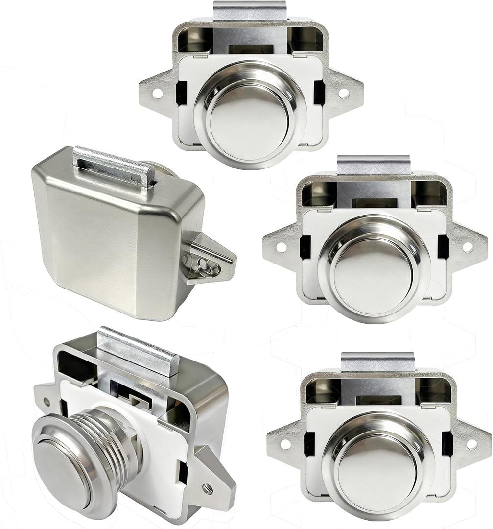 5 PCS Push Button Pull Catch Lock RV Camper Cabinet Door Drawer Latch, Brushed Nickel Boat Cupboard Latch Push to Open Locks Closures for Yachts, Camper(ABS Body & Zinc Alloy)