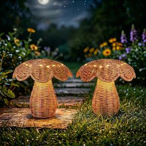 2 Pack Solar Mushroom Rattan Lanterns, 9 Handmade Wicker Lamp Mushroom Lights for Indoor Outdoor, Solar Outdoor Lamp Solar Lanterns for Table Deck Yard Patio Walkway Porch, Home Decor, Boho Decor