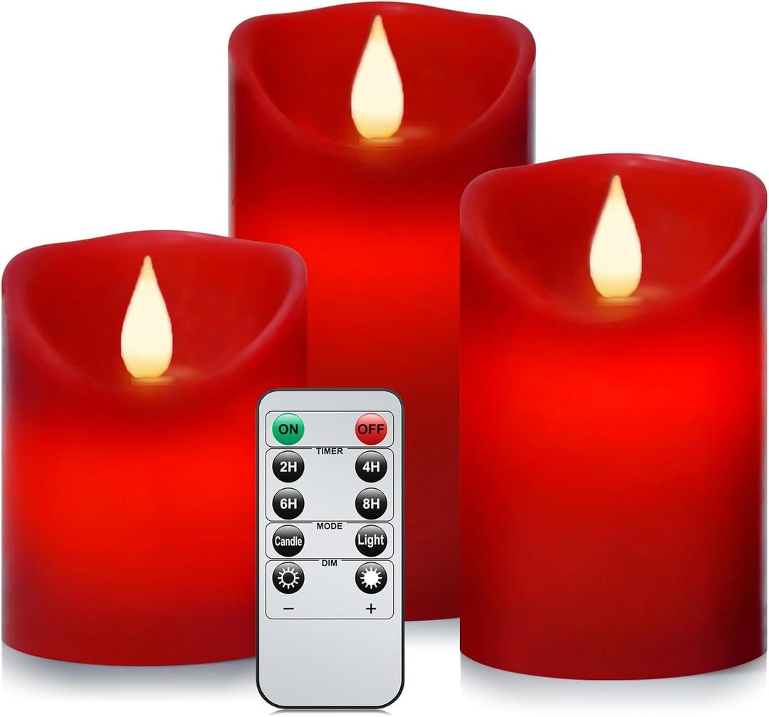 Roomsily Flameless Battery Operated Flickering Candles:3PACK Red Real Wax Pillar Candle,Electric LED Candle with 10-Key Remote Control and 24 Hours Timer for Home Decoration Holiday Party