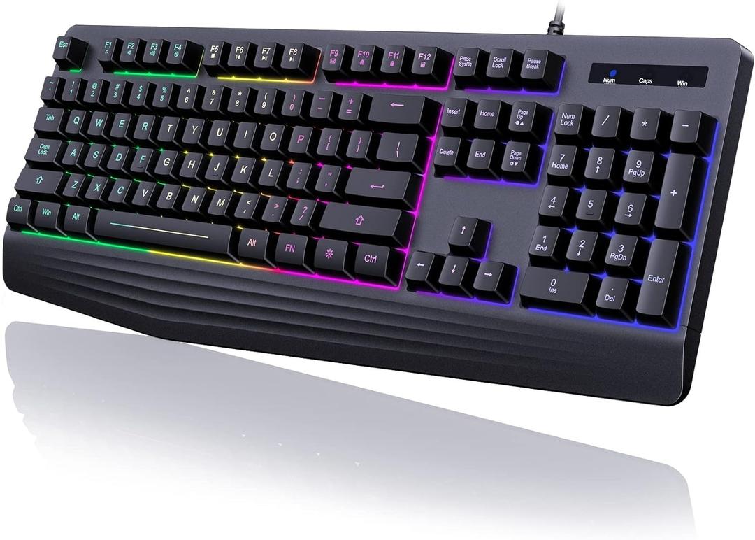 yesbeaut Gaming Keyboard, 7-Color Rainbow LED Backlit, 104 Keys Quiet Light Up Keyboard, Wrist Rest, Whisper Silent, Anti-ghosting Multimedia Keys, Waterproof USB Wired Keyboard for PC Mac Xbox
