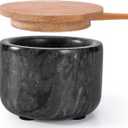 Salt and Pepper Bowl, Marble Salt Cellar and Spices Storage Container With Built-in Spoon and Acacia Wood Lid - 6.5oz Capacity (Black)