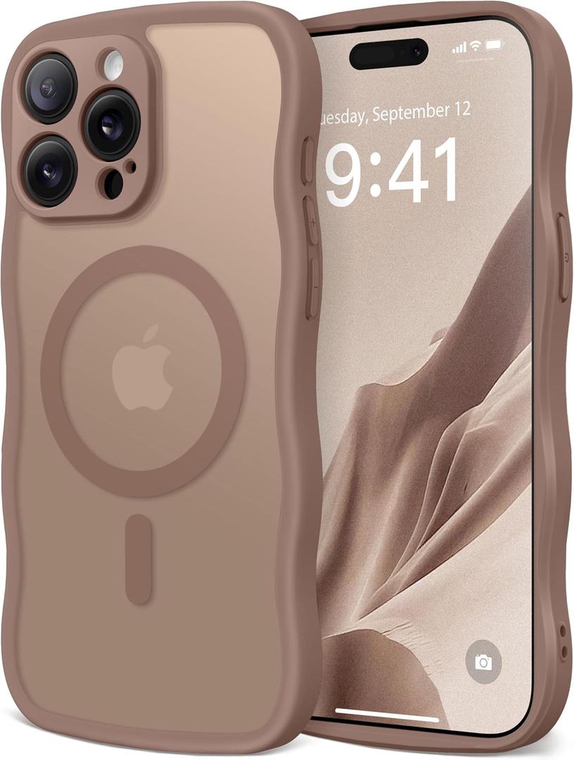 CAPRARO Cute for iPhone 14 Pro Max Case, Compatible with MagSafe, [Curly Wave Edge] [Full Camera Protection] [14 FT Drop Protection] Magnetic Phone Case for 14 Pro Max 6.7 Inch, Brown