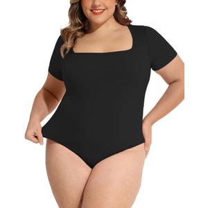 FOREYOND Plus Size Bodysuit for Women Short Sleeves Square Neck Body Suit Tops Casual Basic Slim Fit Shirts Leotards (XX-Large, Black)