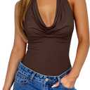 REORIA Womens Sexy Cowl Neck Halter Body Suits Summer Open Back Bodysuit Tank Tops (Brown, XXL)