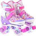 SULIFEEL Rainbow Unicorn 4 Size Adjustable Roller Skates for Girls Boys for Kids Ages 3-5 5-8 6-12 Children Skates Indoor Outdoor (Large - Youth, H Floral Rose)