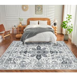 Area Rugs 8×10 Living Room Clearance 8×10 Boho Gray and White Rugs 8×10 No-Slip Low Pile Vintage Washable Rugs 8×10 Washable for Bedroom Farmhouse Living Room