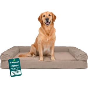 Furhaven Orthopedic Dog Bed for Large Dogs w/ Removable Bolsters & Washable Cover, For Dogs Up to 95 lbs - Luxe Faux Fur & Performance Linen Sofa - Woodsmoke, Jumbo/XL