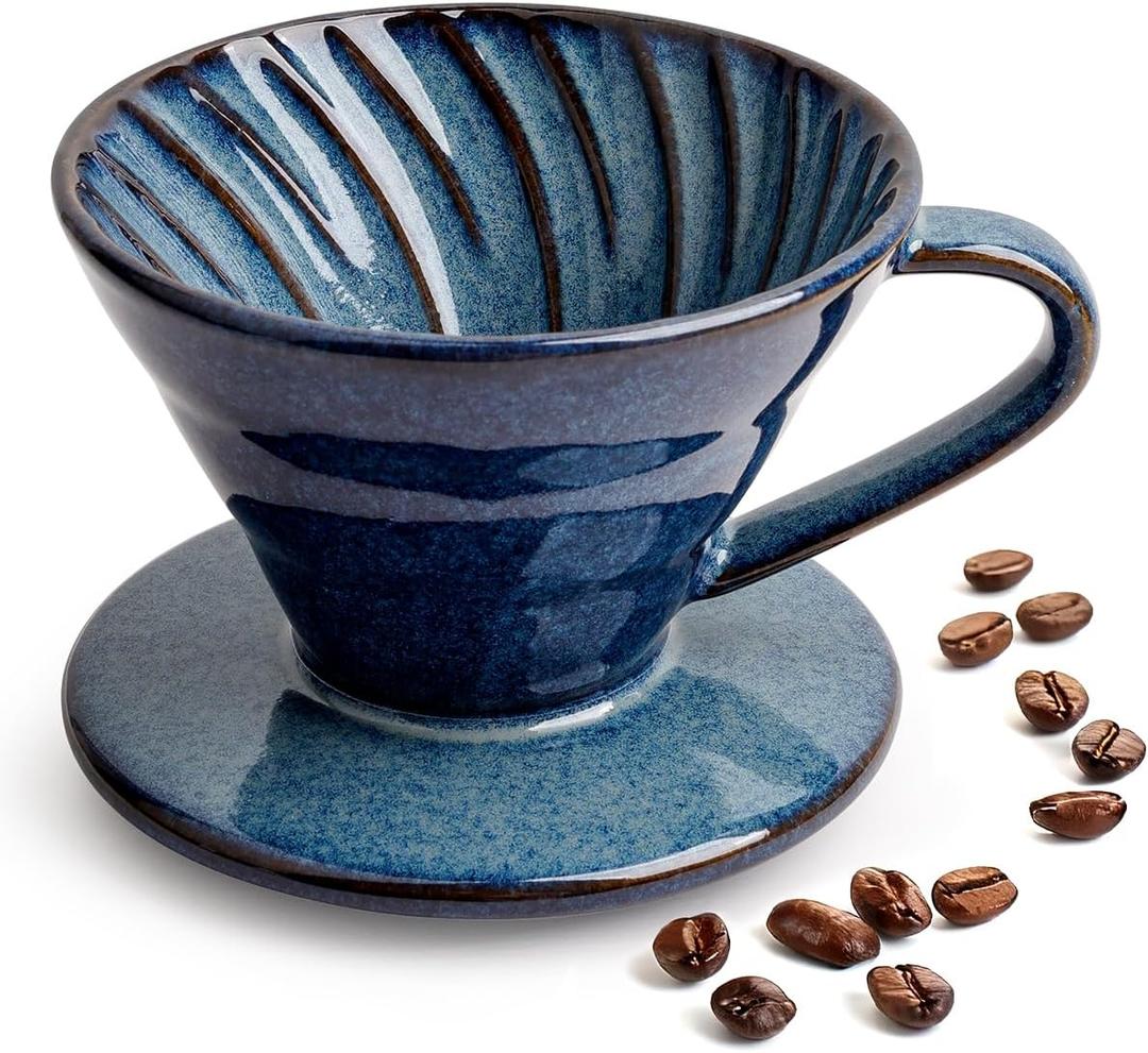 Pour Over Coffee Maker, Single Cup Ceramic Coffee Dripper, Reusable Filter Cone Drip Holder Slow Brewer with Hole Flat Bottom for Home, Office, Travel, Camping (Blue)