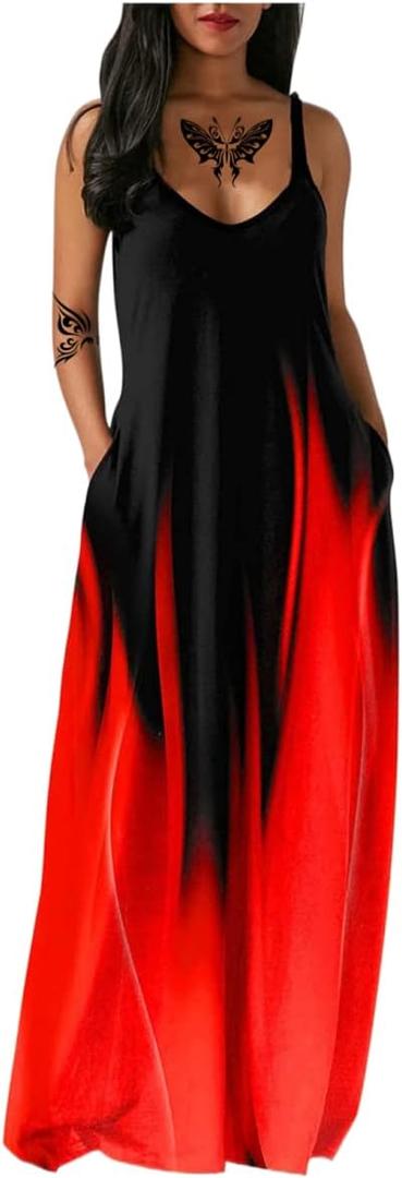 Women's Summer Maxi Dress Long Dress Casual Boho Sleeveless Strap Smocked Tiered Long Beach Sun Dresses (M)