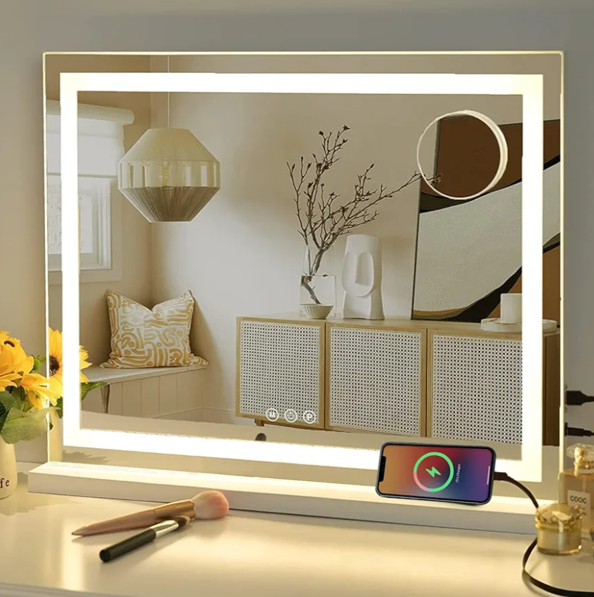 Vanity Mirror with Lights, 23" x 18" Makeup Mirror, Hollywood Mirror with 3 Color Modes & Adjustable Brightness, Detachable 10x Zoom Mirror and USB Charging Design (White)