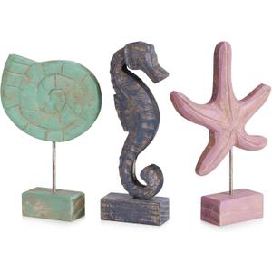 3pcs Wood Handmade Beach Nautical Style Figurines Starfish/Conch/Seahorse Statue Home Decor (Multicolor)