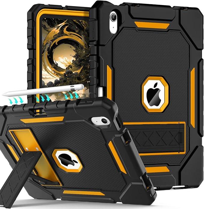 Grifobes for iPad A16 Case 11th Generation 11 inch 2025 / iPad 10th Generation Case 10.9 inch 2022, Heavy Duty Military Grade Shockproof Cover with Pencil Holder for i Pad 11/10 (Black+Gold)