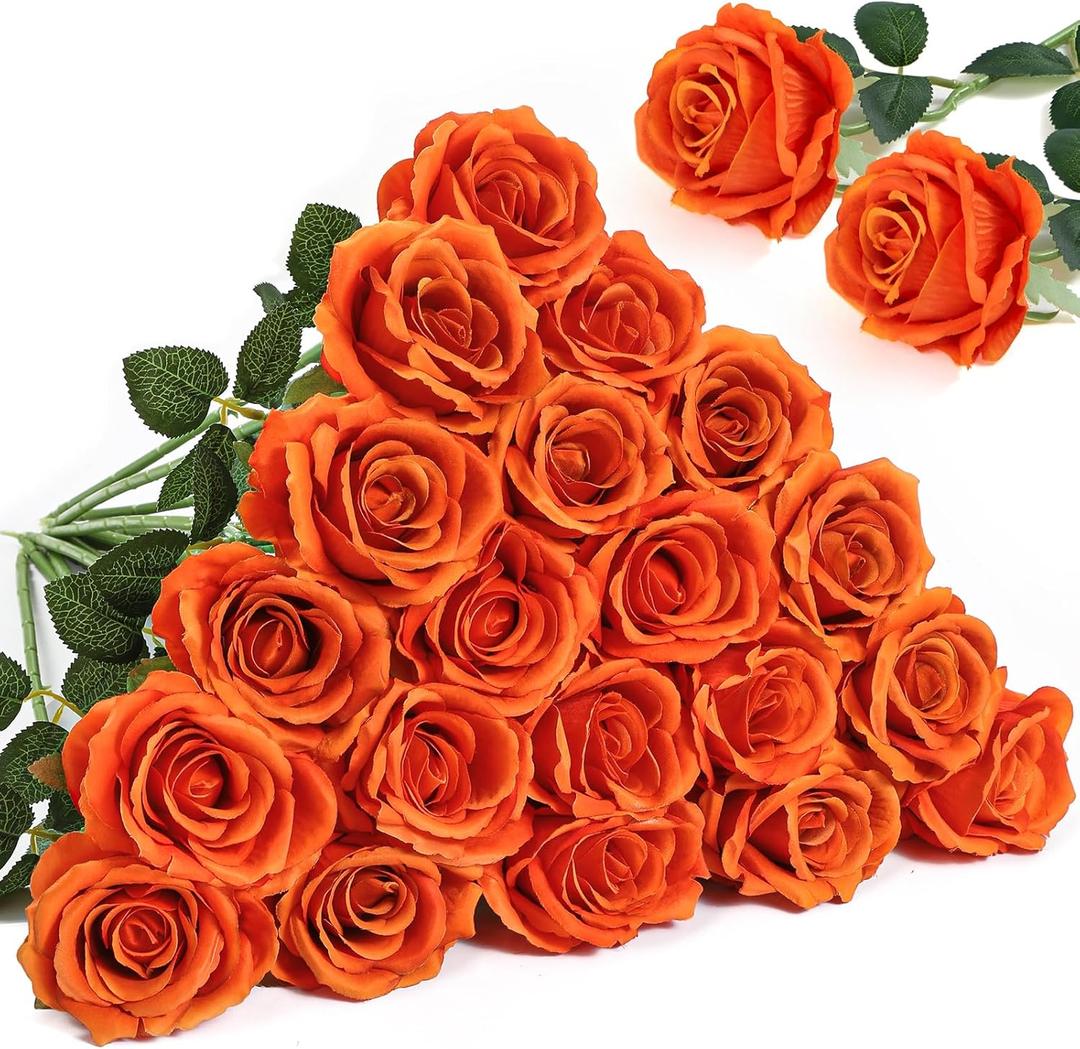 Alecono Fake Roses , 4in   Flower Head, Fall Orange Roses Artificial Flowers with Stems for Wedding Decorations, Silk Roses Bulk for DIY Home Party Decor