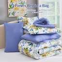 Luxudecor Floral Comforter Set Queen Size 7 Pieces Bed in a Bag, Blue Flower Watercolor Bed Set, Soft Comforter with Sheet Set 90"x90"