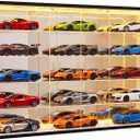 Juexica 1:24 Diecast Car Display Case, Acrylic 15 Grids Storage Cabinet with 3-Color Dimmable LED Lights, Wall Mounted Dustproof Showcase for Model Cars