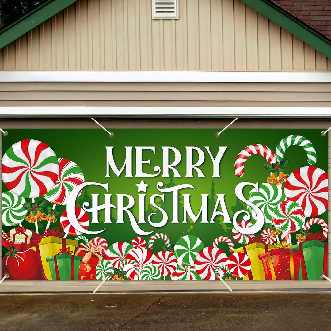 gisgfim Christmas Candy Garage Door Cover Merry Christmas Banner Decorations Large Xmas Holiday Garage Door Banner Backdrop Peppermint Round Lollipop Background Sign for Outdoor Indoor 6x13ft