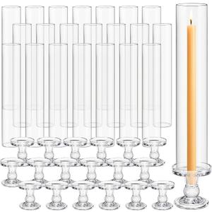 24 Set Christmas Glass Hurricane Candle Holders 12.6" Open Ended Glass Candleholder Tube Shape Bottomless and 2.2" Taper Clear Candlestick Holders for Wedding Party Table Centerpiece