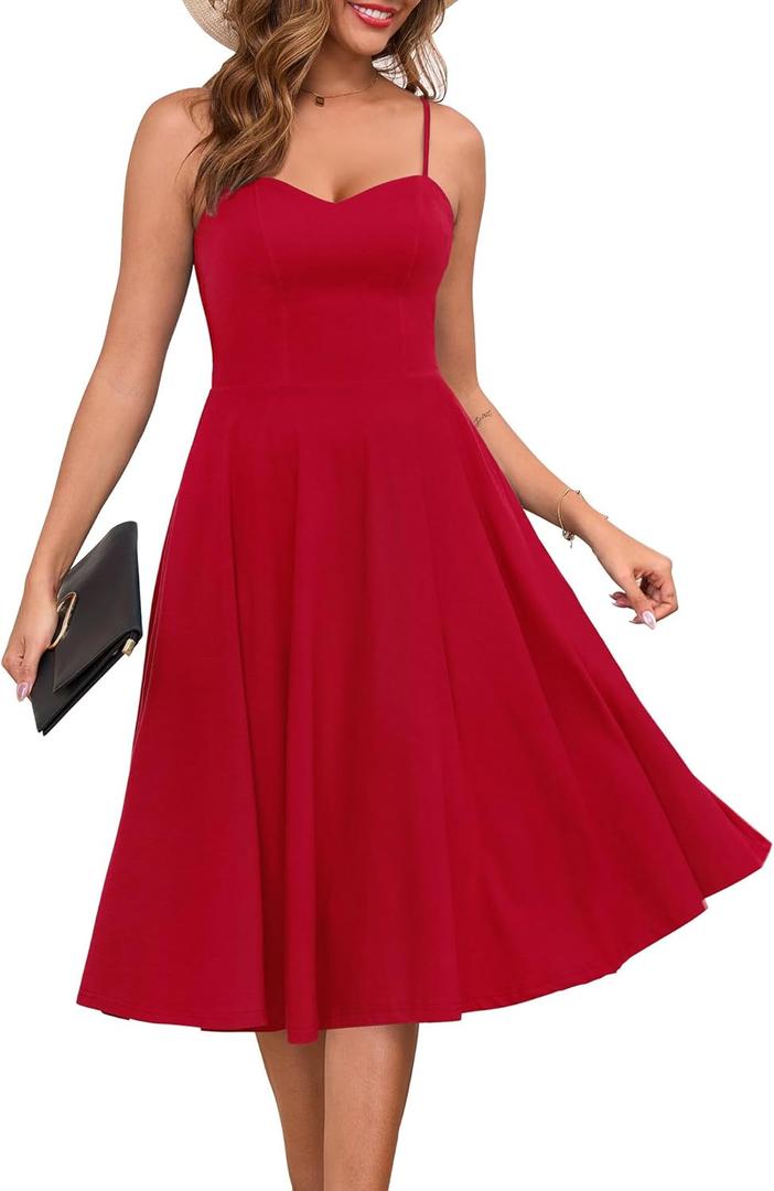 Zattcas Womens 2025 Spring Summer Sleeveless Midi Sundress A Line Flowy Wedding Guest Cocktail Party Dress with Pockets (Red)